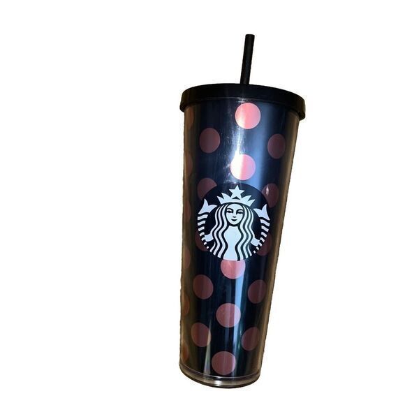 Starbucks 2017 Black Mermaid Rose‎ Gold Polka Dot Venti 24oz Cold Cup Tumbler - Picture 1 of 6